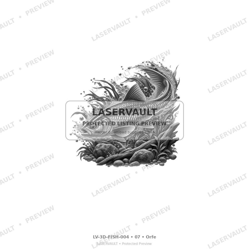 May include: A black and white graphic illustration of a fish swimming through water with bubbles, aquatic plants, and rocks at the base. The image features the text LASERVAULT PROTECTED LISTING PREVIEW and LV-3D-FISH-004 07 Orfe.