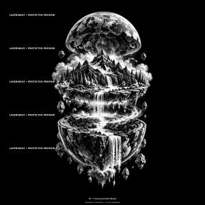 May include: A black and white graphic illustration titled 01 Fractured Earth World, depicting a spherical planet split into two halves. The interior reveals a mountain range, pine trees, and waterfalls flowing between the sections, surrounded by floating rocks and clouds. Text reads LASERVAULT PROTECTED PREVIEW.