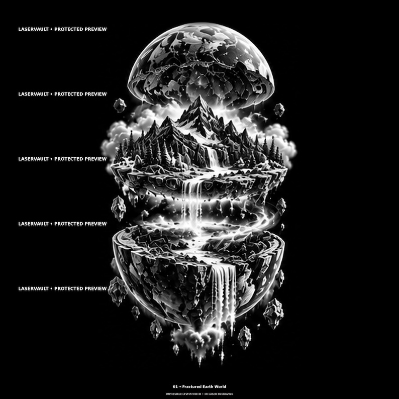May include: A black and white graphic illustration titled 01 Fractured Earth World, depicting a spherical planet split into two halves. The interior reveals a mountain range, pine trees, and waterfalls flowing between the sections, surrounded by floating rocks and clouds. Text reads LASERVAULT PROTECTED PREVIEW.