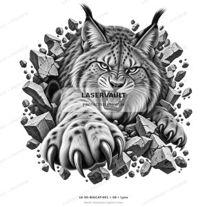 May include: A black and white graphic illustration of a snarling lynx breaking through a wall of stone fragments. The lynx has tufted ears, sharp claws extended forward, and a fierce expression. The text LASERVAULT is centred on the image.