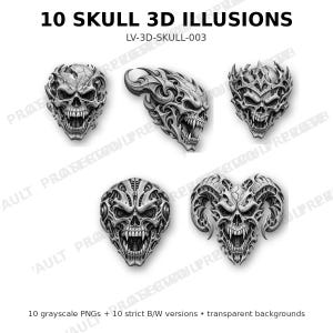 Puede incluir: Una colecci&oacute;n digital titulada 10 SKULL 3D ILLUSIONS LV-3D-SKULL-003 que presenta cinco ilustraciones de calaveras en escala de grises con detalles intrincados, afilados y dentados, incluyendo dise&ntilde;os con cuernos y mec&aacute;nicos, m&aacute;s 10 PNG y 10 versiones en B/N.
