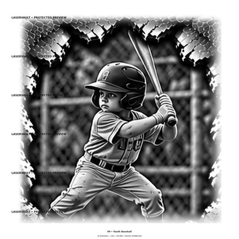 May include: A black and white digital illustration of a young baseball player wearing a helmet and uniform, holding a bat in a batting stance. The image features a cracked border effect and the repeated text LASERVAULT PROTECTED PREVIEW.