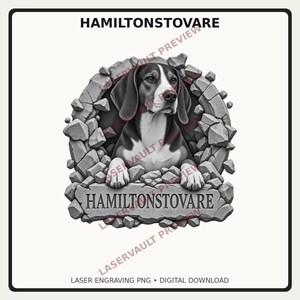 May include: A black, white, and gray graphic illustration of a Hamiltonstovare dog peering through a circular hole in a stone wall. The dog has floppy ears and rests its front paws on a stone ledge engraved with the text HAMILTONSTOVARE.