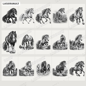 Puede incluir: Una colecci&oacute;n de quince ilustraciones en blanco y negro que muestran varios caballos en diferentes poses y entornos, incluyendo corriendo, de pie y pastando. El texto LASERVAULT es visible en la esquina superior izquierda y se repite.