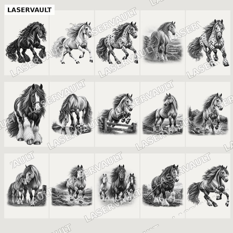 Puede incluir: Una colecci&oacute;n de quince ilustraciones en blanco y negro que muestran varios caballos en diferentes poses y entornos, incluyendo corriendo, de pie y pastando. El texto LASERVAULT es visible en la esquina superior izquierda y se repite.