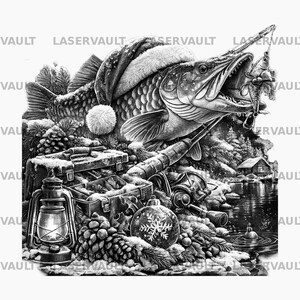 Puede incluir: Una ilustraci&oacute;n en blanco y negro de un pez grande con un gorro de Pap&aacute; Noel mordiendo un se&ntilde;uelo. La escena incluye una caja de pesca, una linterna, una ca&ntilde;a, un adorno navide&ntilde;o y pi&ntilde;as, con el texto LASERVAULT repetido en la imagen.