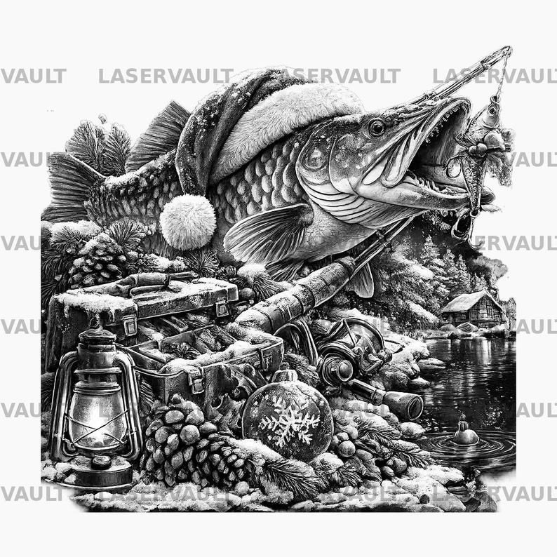Puede incluir: Una ilustraci&oacute;n en blanco y negro de un pez grande con un gorro de Pap&aacute; Noel mordiendo un se&ntilde;uelo. La escena incluye una caja de pesca, una linterna, una ca&ntilde;a, un adorno navide&ntilde;o y pi&ntilde;as, con el texto LASERVAULT repetido en la imagen.