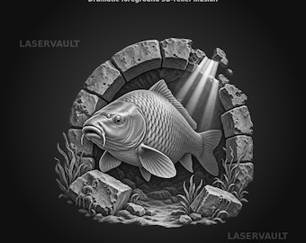 Może przedstawiać: Grafika cyfrowa w odcieniach szarości zatytułowana SUNKEN STONE ARCH przedstawiająca karpia płynącego przez rozpadający się kamienny łuk z promieniami światła z góry. Projekt zawiera rośliny wodne, gruz skalny i napis LASERVAULT.