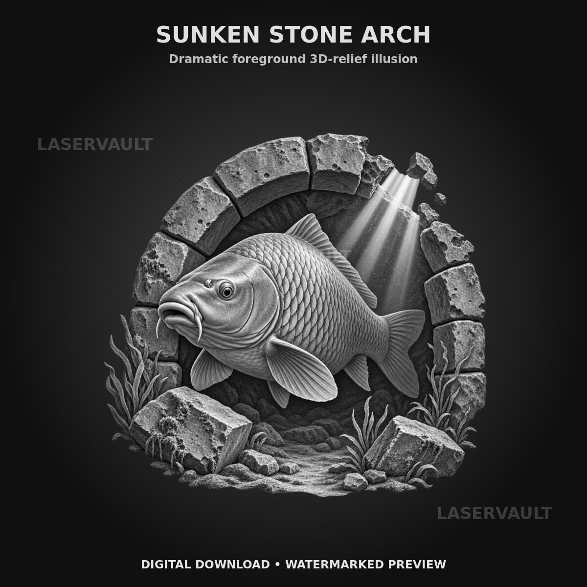Carp 3D relief laser engraving PNG bundle preview