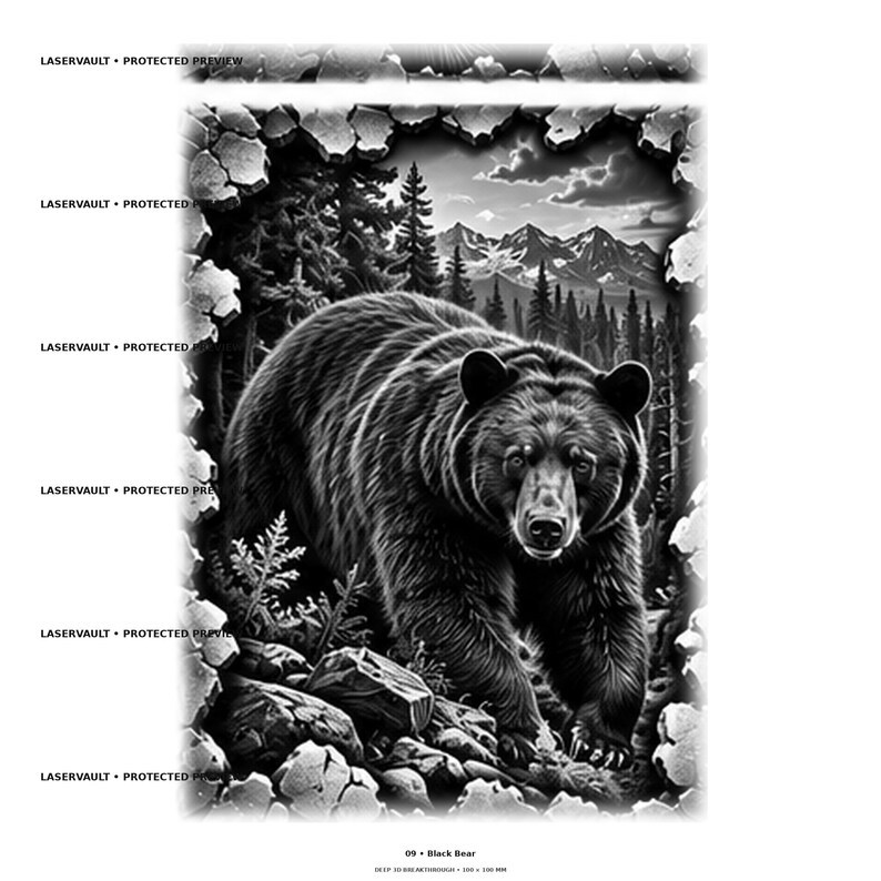 以下が含まれることがあります： 黒と白のグラフィックプリントで、岩の割れ目から歩き出すクロクマが描かれています。背景には松林と遠くの山々、曇り空が広がっています。LASERVAULT PROTECTED PREVIEWというテキストが表示されています。