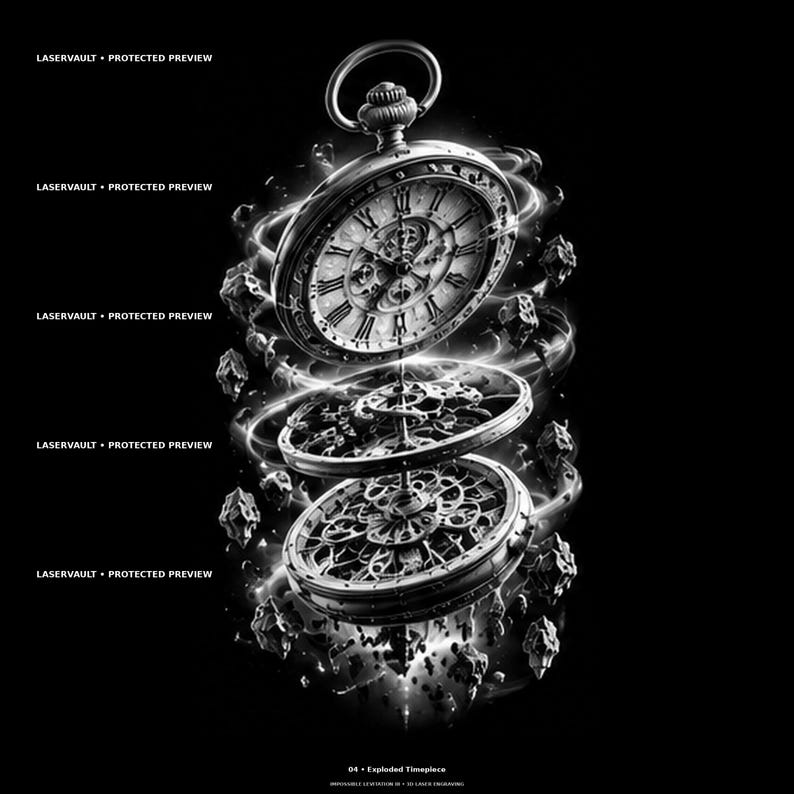 May include: A black and white graphic illustration of an exploded pocket watch with separated internal gears and components floating in a circular motion. The text LASERVAULT PROTECTED PREVIEW appears repeatedly on the left, with 04 EXPLODED TIMEPIECE at the bottom.
