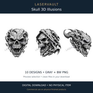 Puede incluir: Tres ilustraciones digitales en blanco y negro de calaveras con detalles intrincados, arremolinados y de bordes afilados. El texto LASERVAULT Skull 3D Illusions, 10 DESIGNS, GRAY + BW PNG y DIGITAL DOWNLOAD &bull; NO PHYSICAL ITEM es visible.