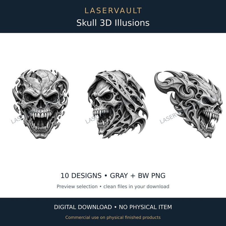 Puede incluir: Tres ilustraciones digitales en blanco y negro de calaveras con detalles intrincados, arremolinados y de bordes afilados. El texto LASERVAULT Skull 3D Illusions, 10 DESIGNS, GRAY + BW PNG y DIGITAL DOWNLOAD &bull; NO PHYSICAL ITEM es visible.