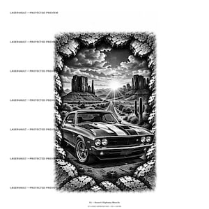Puede incluir: Una ilustraci&oacute;n gr&aacute;fica en blanco y negro que muestra un coche cl&aacute;sico en una carretera del desierto. La escena incluye mesetas, cactus y un sol brillante bajo un cielo nublado, enmarcado por un borde texturizado. El texto dice LASERVAULT.