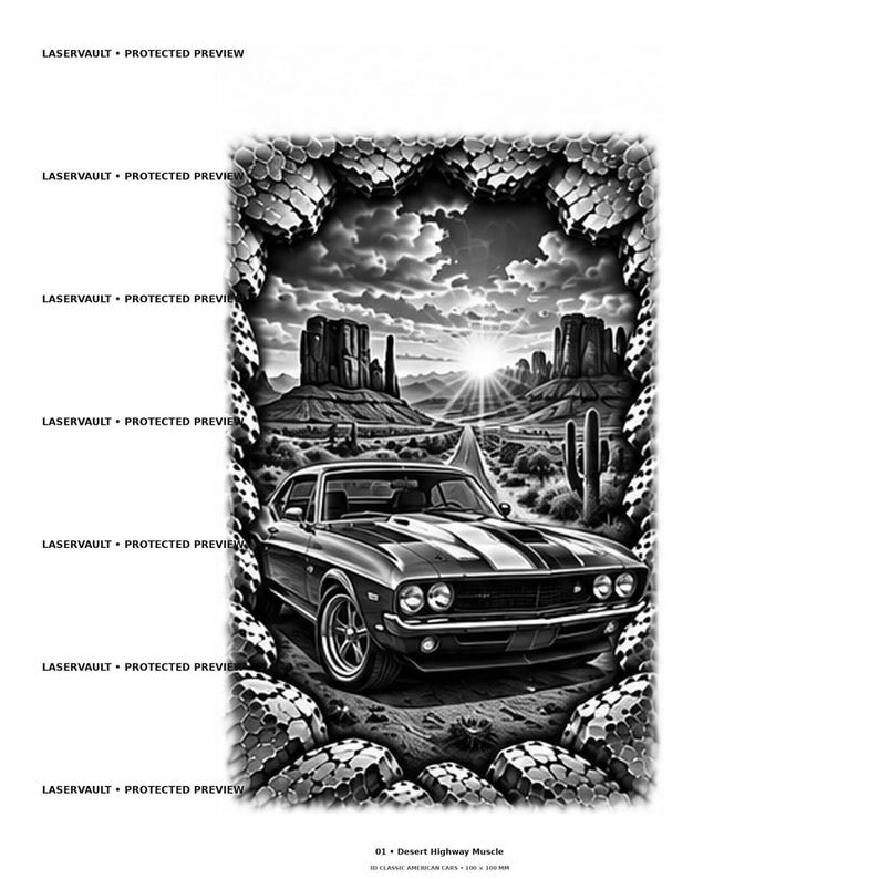 Puede incluir: Una ilustraci&oacute;n gr&aacute;fica en blanco y negro que muestra un coche cl&aacute;sico en una carretera del desierto. La escena incluye mesetas, cactus y un sol brillante bajo un cielo nublado, enmarcado por un borde texturizado. El texto dice LASERVAULT.