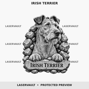 Puede incluir: Una ilustración gráfica en blanco y negro de un terrier irlandés emergiendo de un montón de piedras texturizadas. El perro apoya sus patas delanteras sobre una losa de piedra plana con el texto IRISH TERRIER. La palabra LASERVAULT aparece repetidamente.