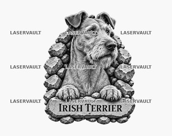 Op de afbeelding: Een zwart-witte grafische illustratie van een Ierse Terriër die uit een stapel gestructureerde stenen tevoorschijn komt. De hond rust zijn voorpoten op een platte stenen plaat met de tekst IRISH TERRIER. Het woord LASERVAULT verschijnt herhaaldelijk.