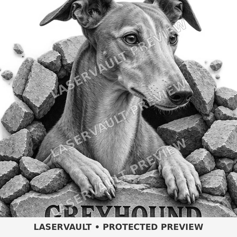 Op de afbeelding: Een zwart-witillustratie van een greyhound die uit een gat in een stenen muur tevoorschijn komt. De hond heeft zijn voorpoten op de onderrand van de opening rusten. De tekst LASERVAULT PREVIEW is overlappend en het woord GREYHOUND staat onderaan.