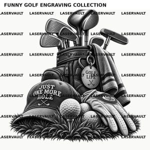 以下が含まれることがあります： FUNNY GOLF ENGRAVING COLLECTIONというタイトルの白黒グラフィックイラスト。クラブが入ったゴルフバッグ、タオル、JUST ONE MORE HOLEと書かれたキャップ、ゴルフグローブ、ティーに乗ったゴルフボールが芝生の上に配置されています。
