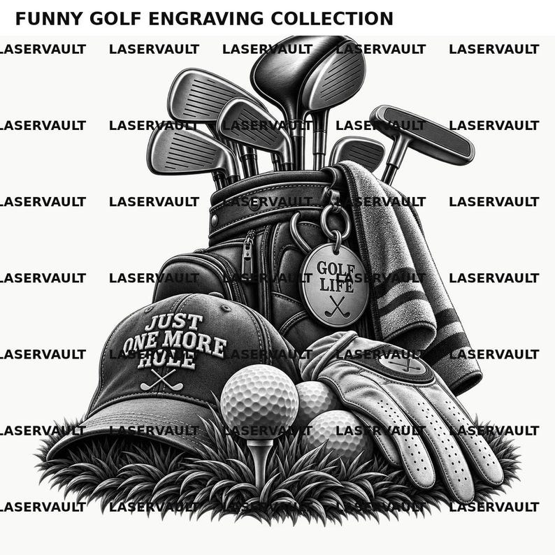 以下が含まれることがあります： FUNNY GOLF ENGRAVING COLLECTIONというタイトルの白黒グラフィックイラスト。クラブが入ったゴルフバッグ、タオル、JUST ONE MORE HOLEと書かれたキャップ、ゴルフグローブ、ティーに乗ったゴルフボールが芝生の上に配置されています。