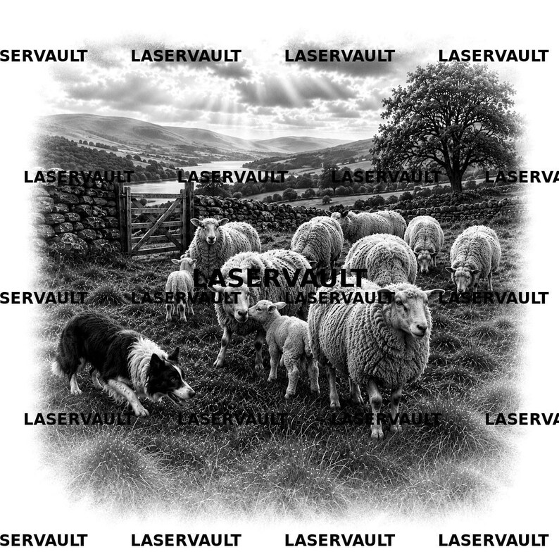 Pu&ograve; includere: Una stampa paesaggistica in bianco e nero che mostra un border collie accovacciato in un campo erboso con un gregge di pecore, inclusi agnelli, vicino a un muro di pietra e un cancello di legno, con colline e un grande albero sullo sfondo.