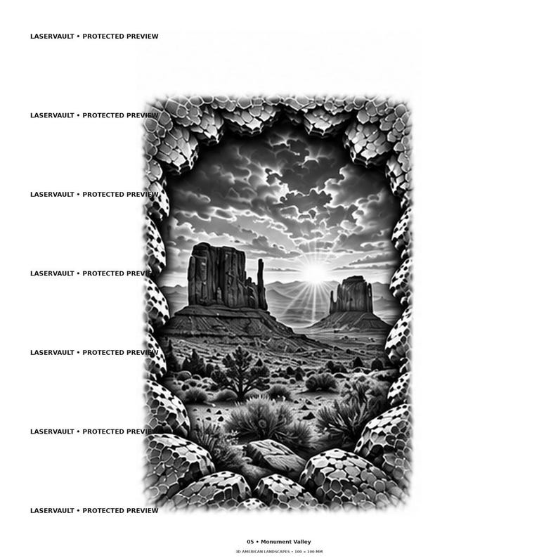 May include: A black and white digital print featuring a desert landscape with rock formations under a cloudy sky with a sunburst. The scene is framed by a textured, honeycomb-like border. Text reads LASERVAULT PROTECTED PREVIEW and 05 Monument Valley.