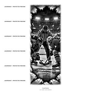 May include: A black and white digital illustration of a hockey faceoff featuring two players and a referee on the ice in a stadium. The text LASERVAULT PROTECTED PREVIEW appears repeatedly on the left, with Faceoff Battle at the bottom.