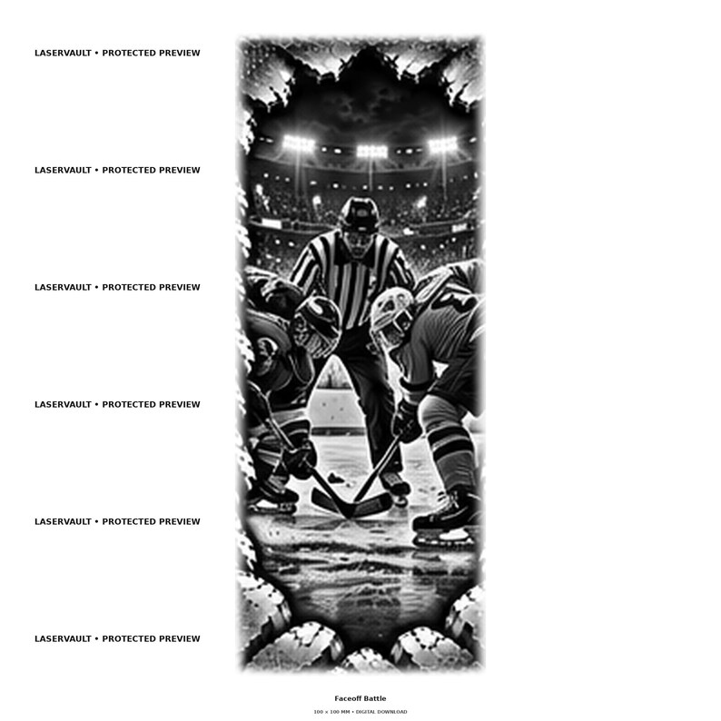 May include: A black and white digital illustration of a hockey faceoff featuring two players and a referee on the ice in a stadium. The text LASERVAULT PROTECTED PREVIEW appears repeatedly on the left, with Faceoff Battle at the bottom.