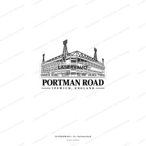 May include: A black and white line art illustration of the Portman Road stadium in Ipswich, England. The graphic features the stadium structure with floodlight towers, the text LASERVAULT, and the words PORTMAN ROAD IPSWICH, ENGLAND below.