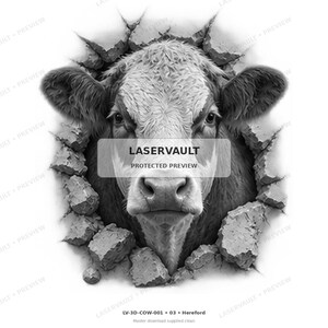 May include: A black and white graphic illustration of a cow head emerging from a cracked stone wall. The design features detailed fur textures and a realistic facial expression. The text LASERVAULT PROTECTED PREVIEW is centered over the image.