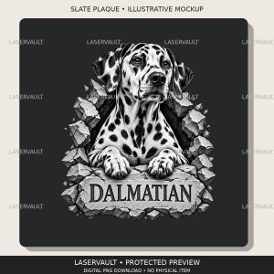Puede incluir: Una placa de pizarra cuadrada con una ilustraci&oacute;n en blanco y negro de un perro d&aacute;lmata emergiendo de un muro de piedra agrietado. El perro est&aacute; centrado con sus patas delanteras apoyadas en una repisa de piedra con el texto DALMATIAN.