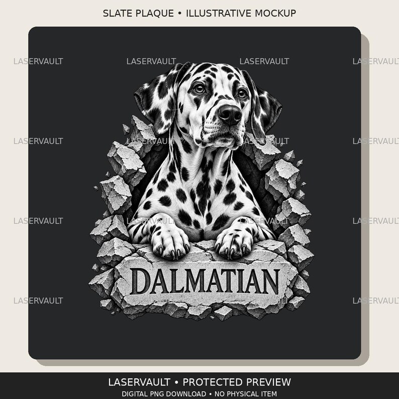 Puede incluir: Una placa de pizarra cuadrada con una ilustraci&oacute;n en blanco y negro de un perro d&aacute;lmata emergiendo de un muro de piedra agrietado. El perro est&aacute; centrado con sus patas delanteras apoyadas en una repisa de piedra con el texto DALMATIAN.