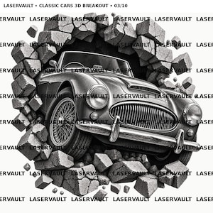 May include: A black and white graphic illustration titled LASERVAULT &bull; CLASSIC CARS 3D BREAKOUT &bull; 03/10, depicting a vintage convertible sports car bursting through a crumbling brick wall. The car features wire-spoke wheels and a chrome grille.