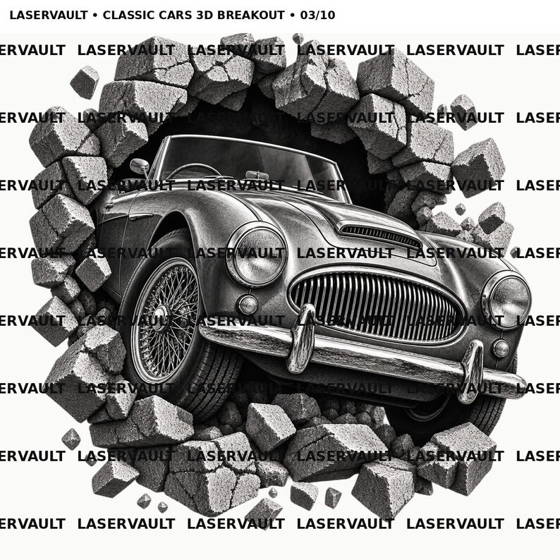May include: A black and white graphic illustration titled LASERVAULT &bull; CLASSIC CARS 3D BREAKOUT &bull; 03/10, depicting a vintage convertible sports car bursting through a crumbling brick wall. The car features wire-spoke wheels and a chrome grille.