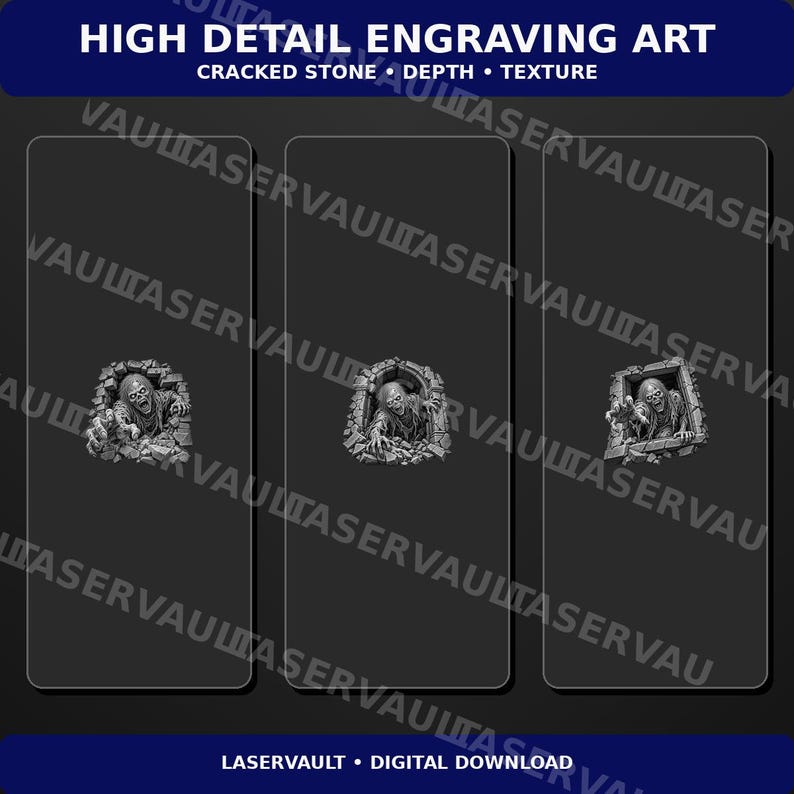 May include: Three rectangular digital panels featuring high detail engraving art of a zombie breaking through a cracked stone wall. The text reads HIGH DETAIL ENGRAVING ART CRACKED STONE DEPTH TEXTURE and LASERVAULT DIGITAL DOWNLOAD with a watermark.