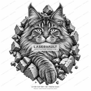 Puede incluir: Una ilustraci&oacute;n gr&aacute;fica en blanco y negro de un gato Maine Coon emergiendo a trav&eacute;s de un muro de piedra destrozado. El gato tiene pelaje detallado, orejas puntiagudas y una pata extendida hacia adelante. El texto LASERVAULT PROTECTED PREVIEW est&aacute; centrado.