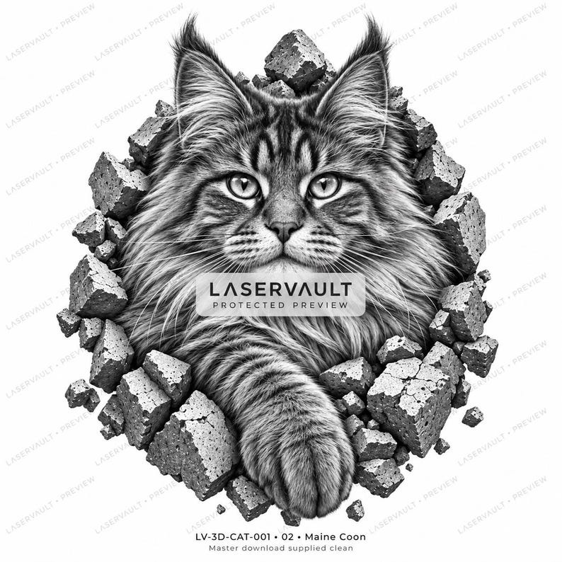Puede incluir: Una ilustraci&oacute;n gr&aacute;fica en blanco y negro de un gato Maine Coon emergiendo a trav&eacute;s de un muro de piedra destrozado. El gato tiene pelaje detallado, orejas puntiagudas y una pata extendida hacia adelante. El texto LASERVAULT PROTECTED PREVIEW est&aacute; centrado.