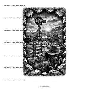 Puede incluir: Una ilustraci&oacute;n gr&aacute;fica en blanco y negro que muestra una escena de rancho con un molino de viento, un granero y monta&ntilde;as bajo un cielo soleado. Un sombrero de vaquero descansa sobre un poste de cerca de madera junto a una cuerda enrollada.
