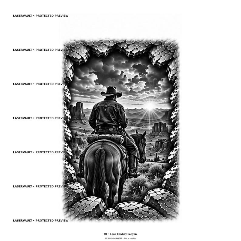 Puede incluir: Una ilustraci&oacute;n digital en blanco y negro que muestra a un vaquero a caballo frente a un ca&ntilde;&oacute;n des&eacute;rtico al amanecer. La escena est&aacute; enmarcada por un borde texturizado tipo panal. El texto en la parte inferior dice 01 Lone Cowboy Canyon 3D AMERICAN WEST.