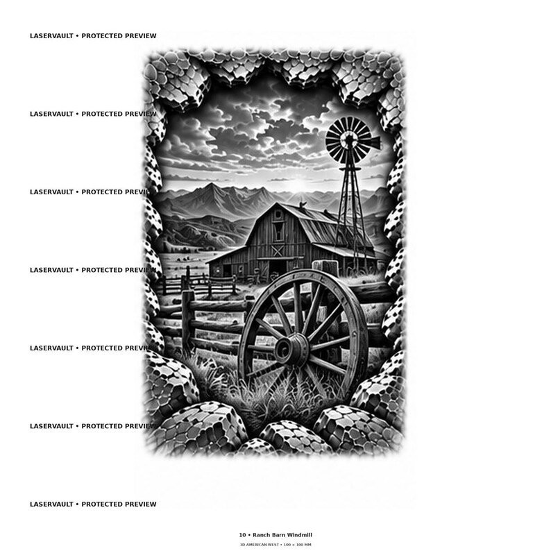 Puede incluir: Una ilustraci&oacute;n gr&aacute;fica en blanco y negro que muestra un granero r&uacute;stico, un molino de viento alto y una gran rueda de carro de madera en primer plano. La escena est&aacute; enmarcada por un borde texturizado de piedra e incluye el texto LASERVAULT PROTECTED PREVIEW.