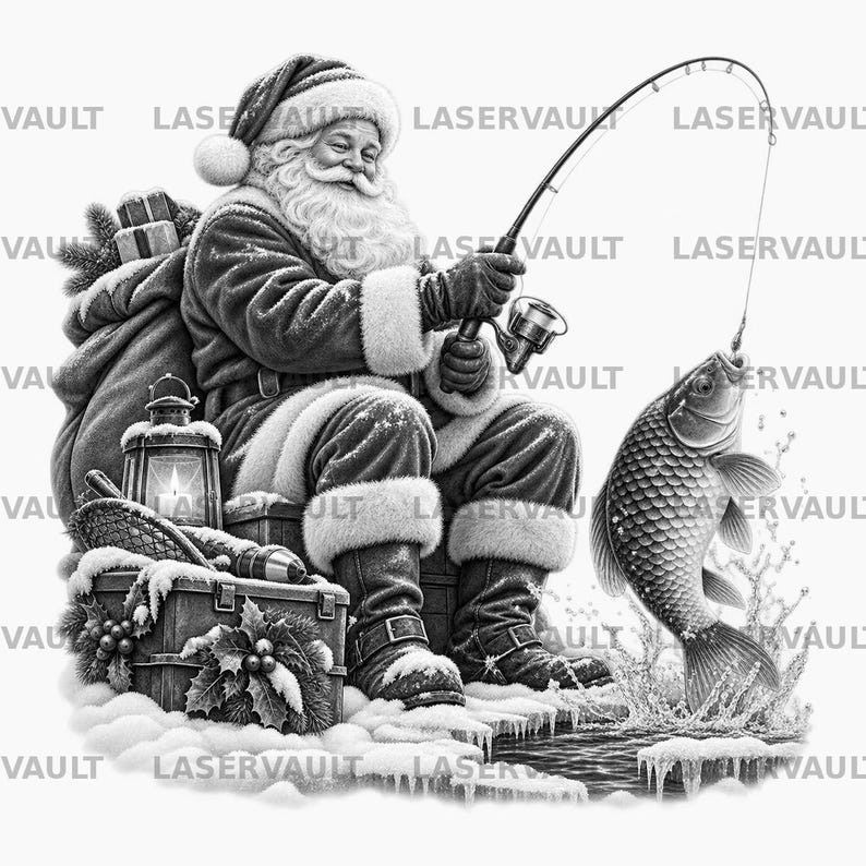 Puede incluir: Una ilustraci&oacute;n en blanco y negro de Santa Claus sentado en una caja, sosteniendo una ca&ntilde;a de pescar con un pez enganchado saltando fuera del agua. Santa viste un traje y gorro con borde de piel, con una linterna, un saco de regalos y acebo cerca.