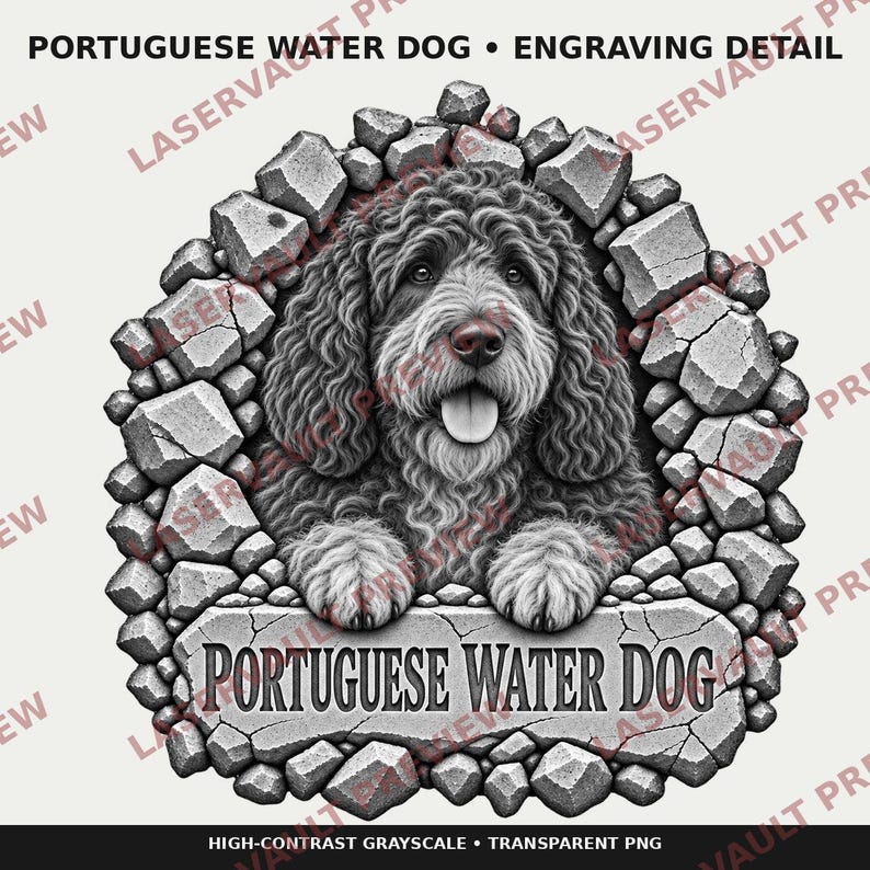 Op de afbeelding: Een grijstinten illustratie van een Portugese waterhond met krullende vacht, die door een grillig gat in een stenen muur kijkt. De hond heeft de tong uit de bek en de poten rustend op een stenen richel met de tekst PORTUGUESE WATER DOG.