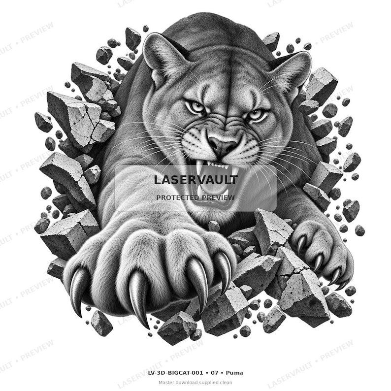 May include: A black and white illustration of a snarling puma breaking through a wall of stone fragments. The big cat has its front paws extended forward with sharp claws visible. The text LASERVAULT and LV-3D-BIGCAT-001 07 Puma are present.