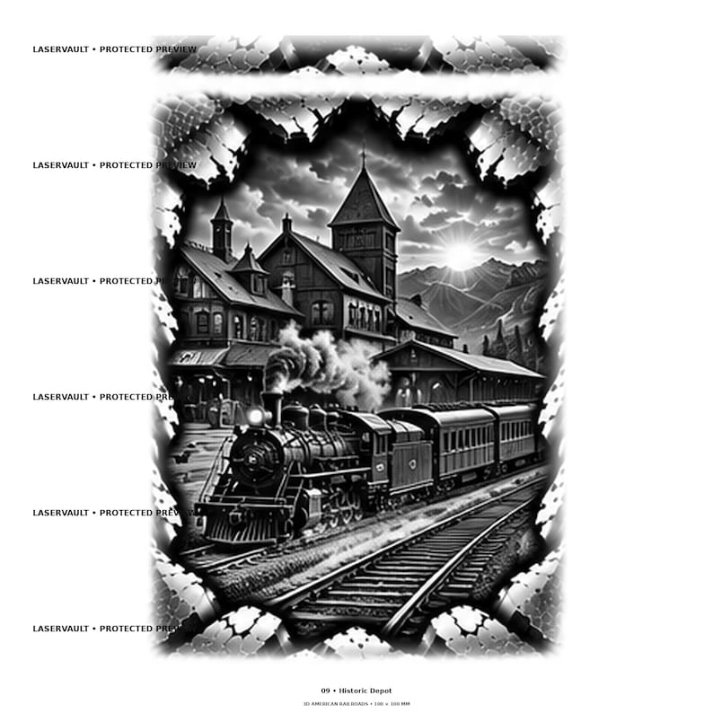 Op de afbeelding: Een zwart-wit digitale illustratie van een stoomlocomotief die passagiersrijtuigen trekt bij een historisch station. De sc&egrave;ne toont een stationsgebouw, bergen en een felle zon op de achtergrond, omlijst door een grillige, getextureerde rand.