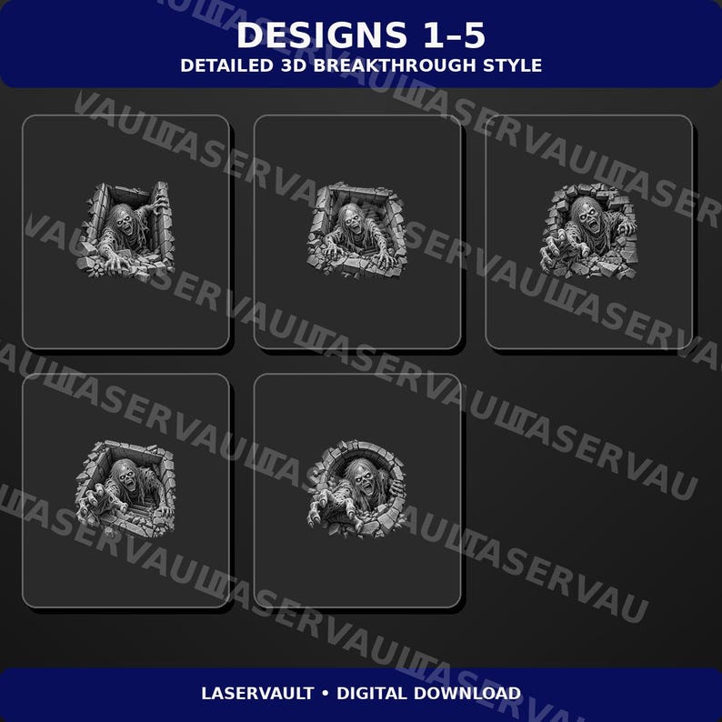 May include: Five gray 3D digital models of zombies breaking through walls, labeled DESIGNS 1-5 DETAILED 3D BREAKTHROUGH STYLE. Each figure depicts a creature emerging from rubble, with varied poses showing hands and faces reaching out from broken masonry.
