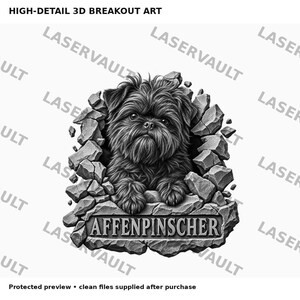Puede incluir: Un dise&ntilde;o gr&aacute;fico en blanco y negro que muestra a un perro Affenpinscher detallado emergiendo de un muro de piedra agrietado. El perro est&aacute; centrado con sus patas apoyadas en una repisa de piedra que muestra el texto AFFENPINSCHER en may&uacute;sculas.