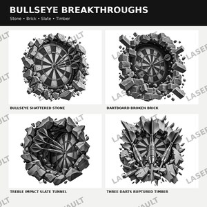 Puede incluir: Una colecci&oacute;n de cuatro dise&ntilde;os gr&aacute;ficos en blanco y negro titulados BULLSEYE BREAKTHROUGHS, que muestran dianas incrustadas en piedra destrozada, ladrillos rotos, t&uacute;neles de pizarra y madera rota, con dardos clavados en el centro.