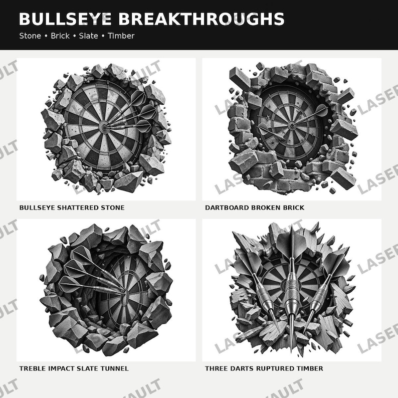 Puede incluir: Una colecci&oacute;n de cuatro dise&ntilde;os gr&aacute;ficos en blanco y negro titulados BULLSEYE BREAKTHROUGHS, que muestran dianas incrustadas en piedra destrozada, ladrillos rotos, t&uacute;neles de pizarra y madera rota, con dardos clavados en el centro.