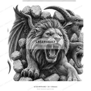 May include: A black and white graphic illustration of a chimera featuring a roaring lion head with wings, a goat head with horns, and a serpent head emerging from stone rubble. The image includes the text LASERVAULT PROTECTED PREVIEW.