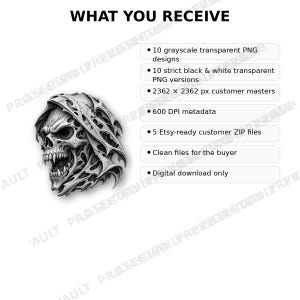 Puede incluir: Un gr&aacute;fico digital de una calavera encapuchada con dientes afilados, acompa&ntilde;ado del texto: WHAT YOU RECEIVE, 10 grayscale transparent PNG designs, 10 strict black & white transparent PNG versions, 2362 x 2362 px customer masters, 600 DPI metadata, 5 Etsy-ready customer ZIP files, Clean files for the buyer, Digital download only.